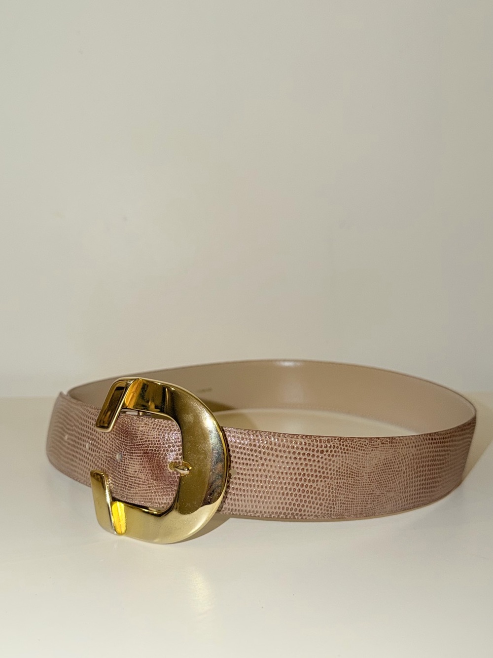 Light Brown Nude Embossed Lizard Belt With Gold-Tone Buckle, Sz Med